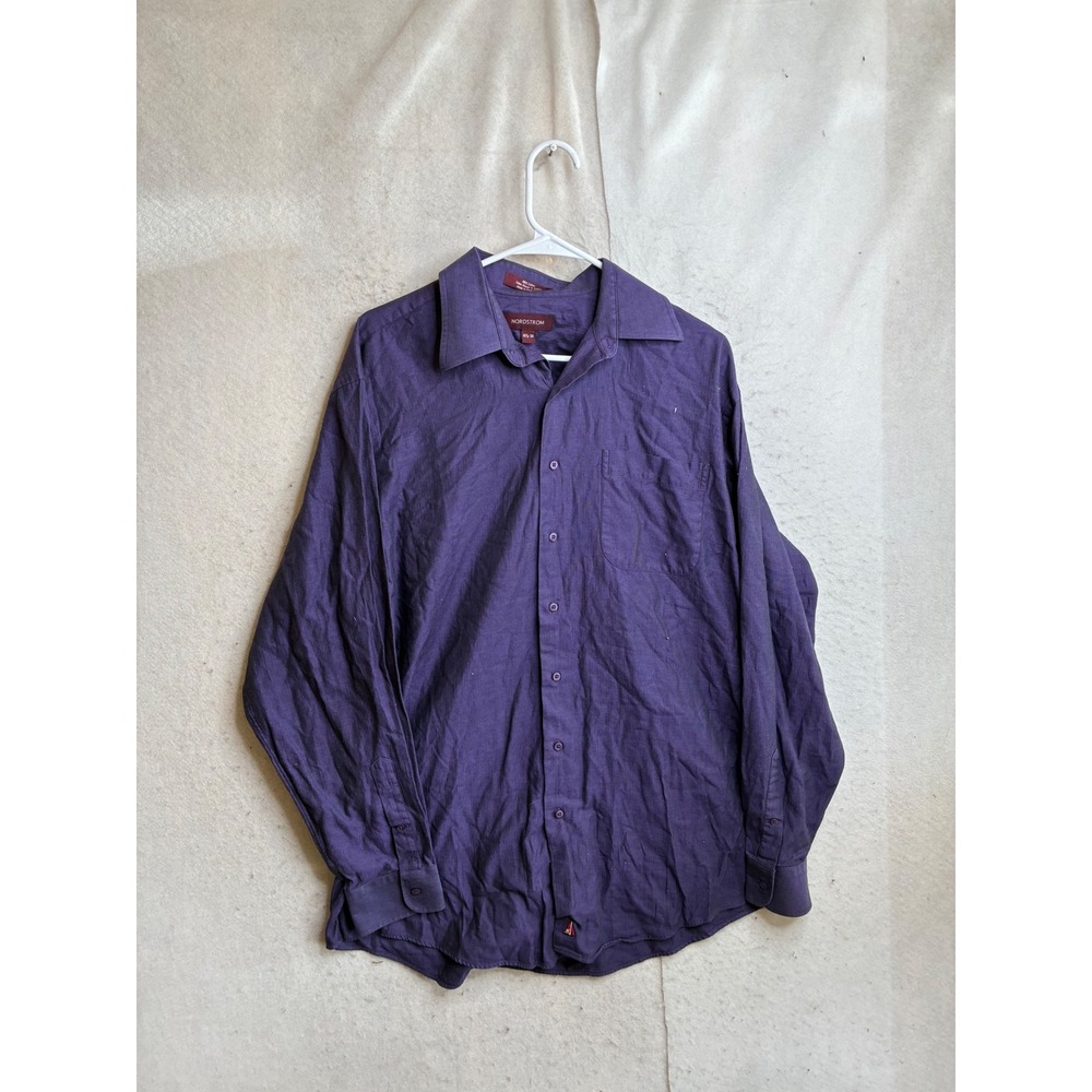 Nordstrom Mens Purple Herringbone Cotton Button Down Shirt 16.5 36 Long Sleeve